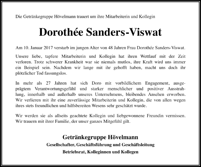  Traueranzeige für Dorothée Sanders-Viswat vom 16.01.2017 aus Rheinische Post
