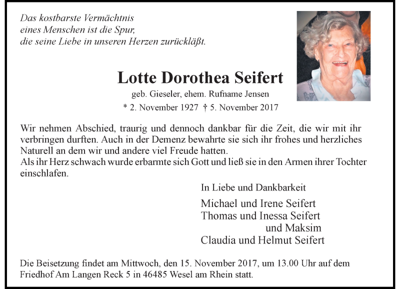 Alle Traueranzeigen F R Lotte Dorothea Seifert Trauer Rp Online De