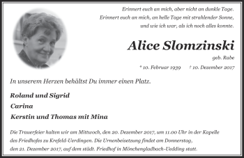 Traueranzeige von Alice Slomzinski von Rheinische Post