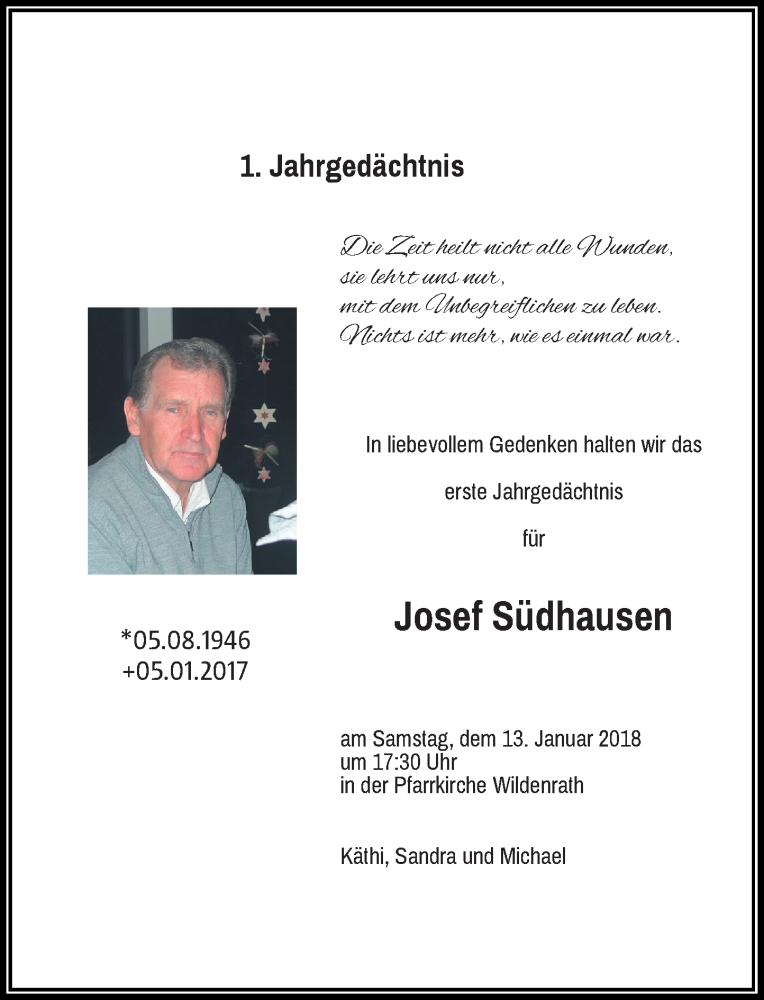  Traueranzeige für Josef Südhausen vom 06.01.2018 aus Rheinische Post