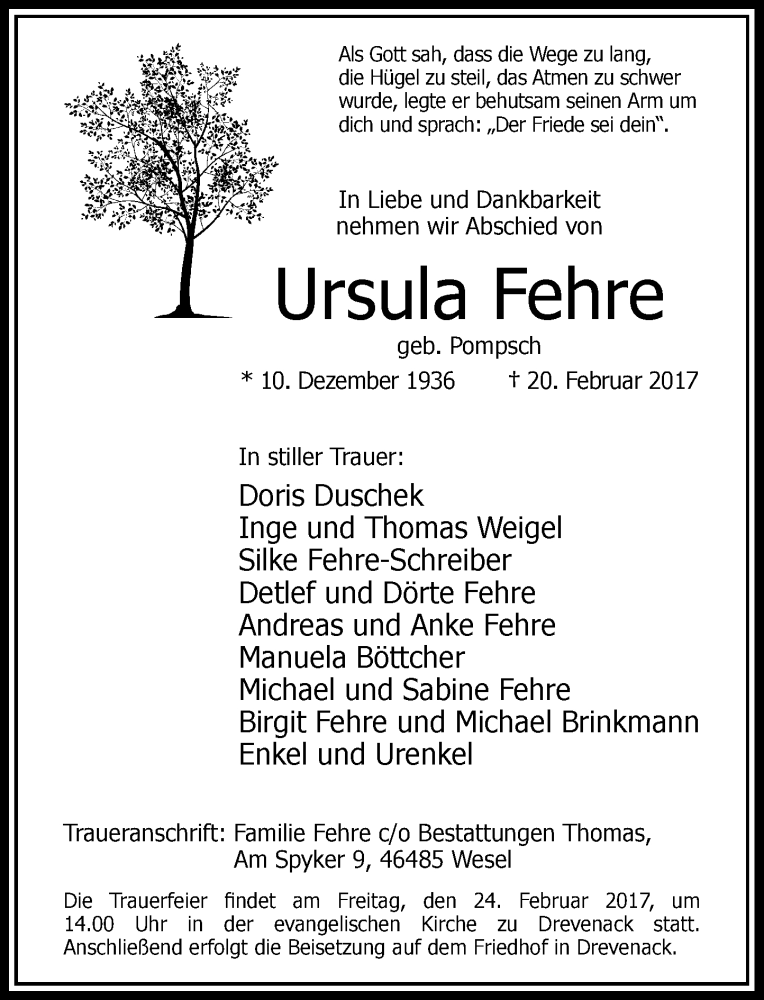  Traueranzeige für Ursula Fehre vom 22.02.2017 aus Rheinische Post