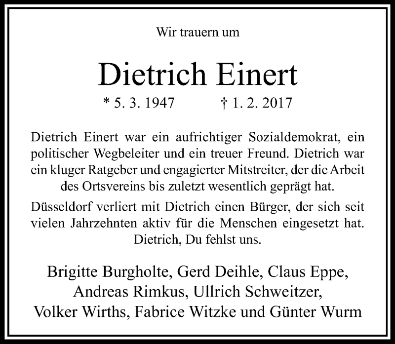  Traueranzeige für Dietrich Einert vom 04.02.2017 aus Rheinische Post