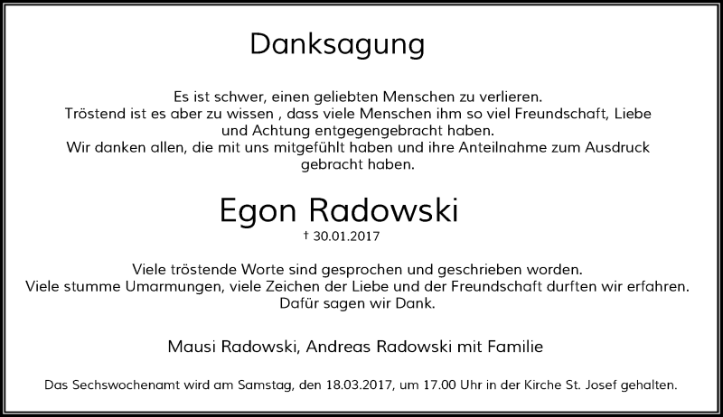  Traueranzeige für Egon Radowski vom 04.03.2017 aus Rheinische Post