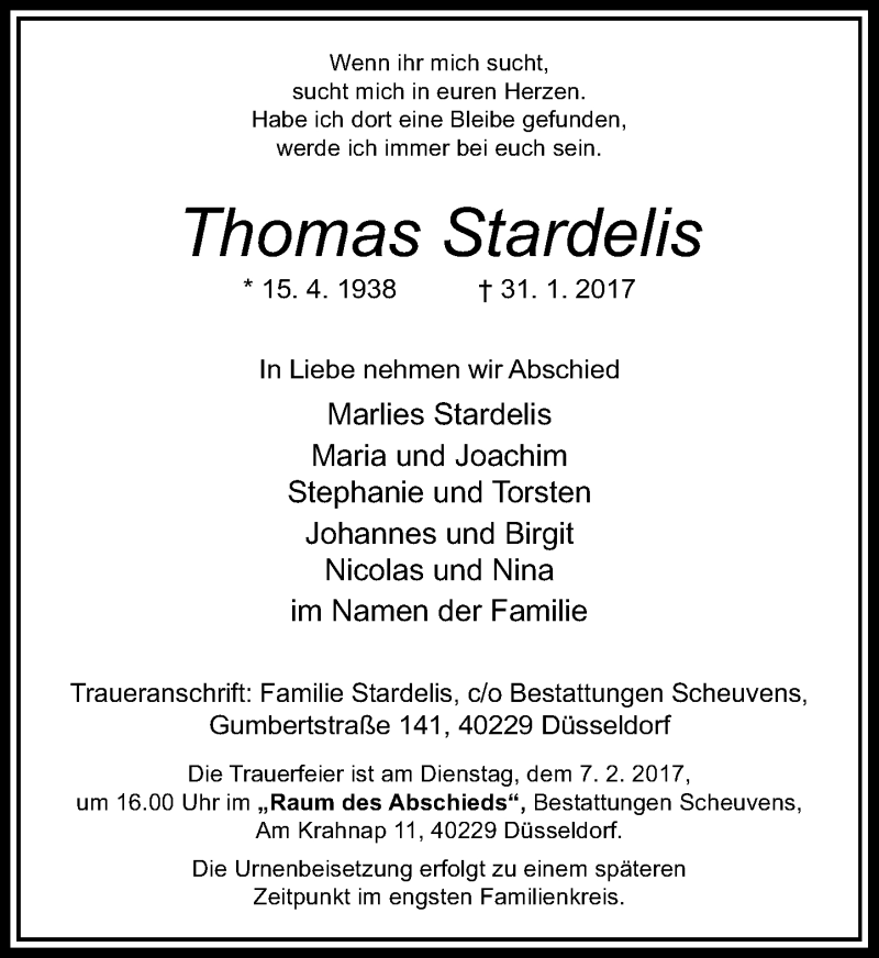  Traueranzeige für Thomas Stardelis vom 04.02.2017 aus Rheinische Post