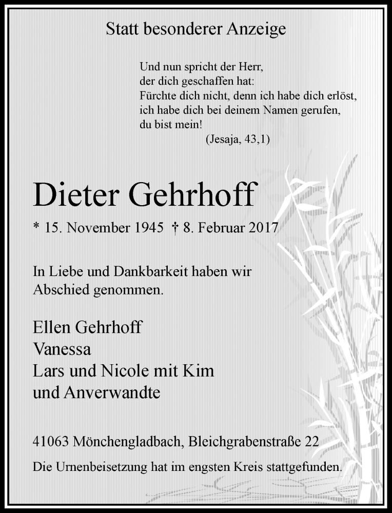  Traueranzeige für Dieter Gehrhoff vom 25.02.2017 aus Rheinische Post