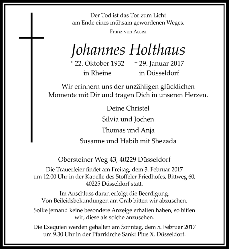  Traueranzeige für Johannes Holthaus vom 01.02.2017 aus Rheinische Post