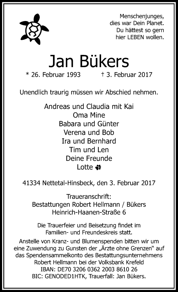  Traueranzeige für Jan Bükers vom 09.02.2017 aus Rheinische Post