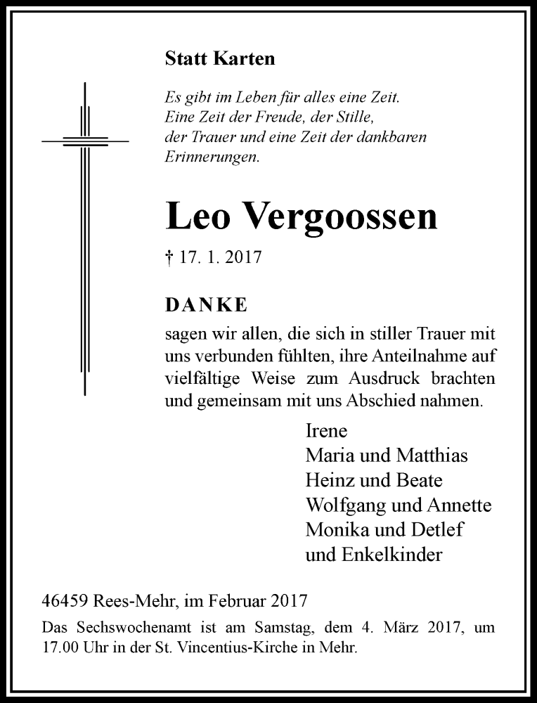  Traueranzeige für Leo Vergoossen vom 24.02.2017 aus Rheinische Post