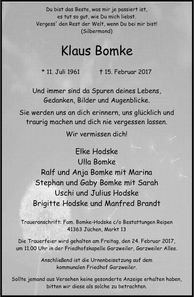  Traueranzeige für Klaus Bomke vom 18.02.2017 aus Rheinische Post