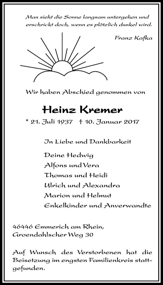  Traueranzeige für Heinz + Hedwig Kremer vom 04.02.2017 aus Rheinische Post