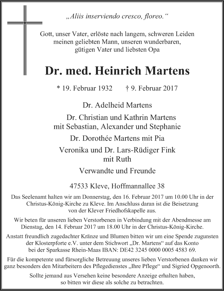  Traueranzeige für Heinrich Martens vom 13.02.2017 aus Rheinische Post