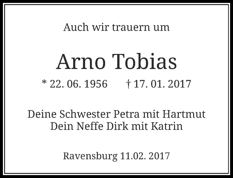  Traueranzeige für Arno Tobias vom 11.02.2017 aus Rheinische Post