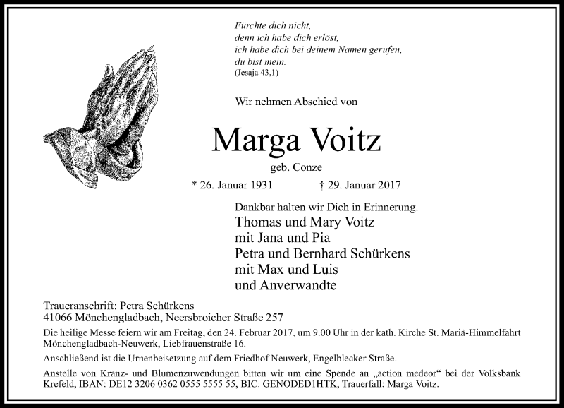  Traueranzeige für Marga Voitz vom 04.02.2017 aus Rheinische Post