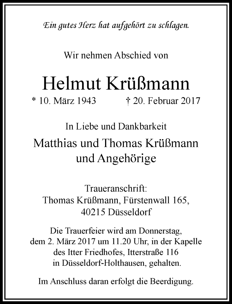  Traueranzeige für Helmut Krüßmann vom 25.02.2017 aus Rheinische Post