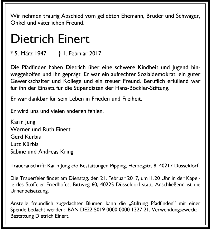  Traueranzeige für Dietrich Einert vom 11.02.2017 aus Rheinische Post