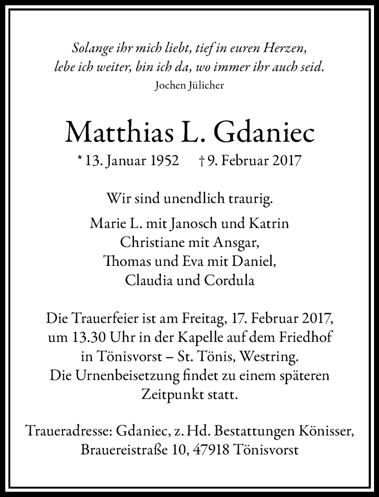  Traueranzeige für Matthias L. Gdaniec vom 13.02.2017 aus Rheinische Post