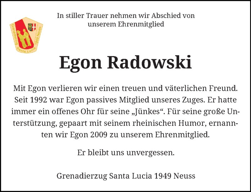  Traueranzeige für Egon Radowski vom 07.02.2017 aus Rheinische Post