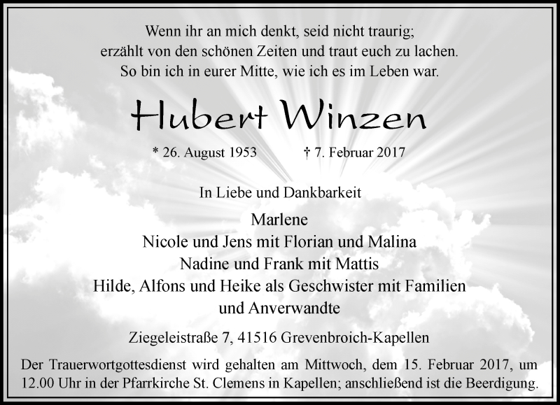  Traueranzeige für Hubert Winzen vom 11.02.2017 aus Rheinische Post