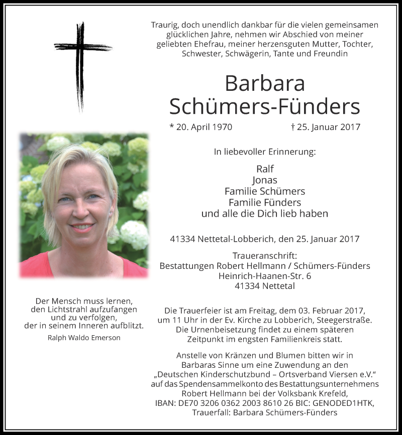  Traueranzeige für Barbara Schümers-Fünders vom 01.02.2017 aus Rheinische Post
