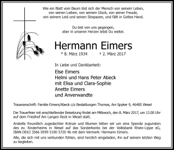 Alle Traueranzeigen F R Hermann Eimers Trauer Rp Online De