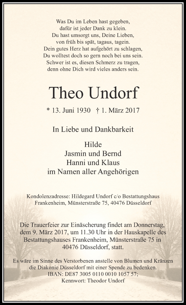  Traueranzeige für Theo Undorf vom 08.03.2017 aus Rheinische Post
