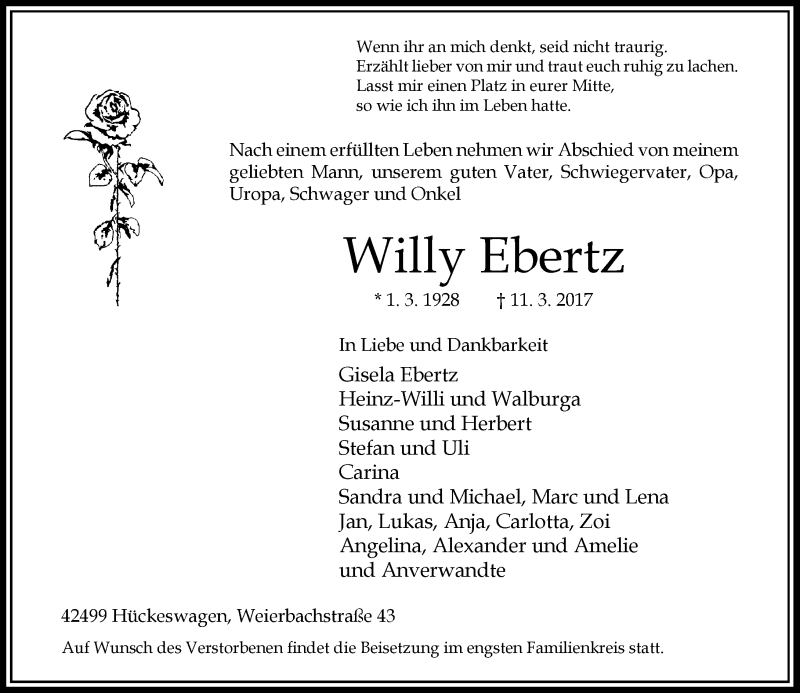 Alle Traueranzeigen für Willy Ebertz trauer rp online de