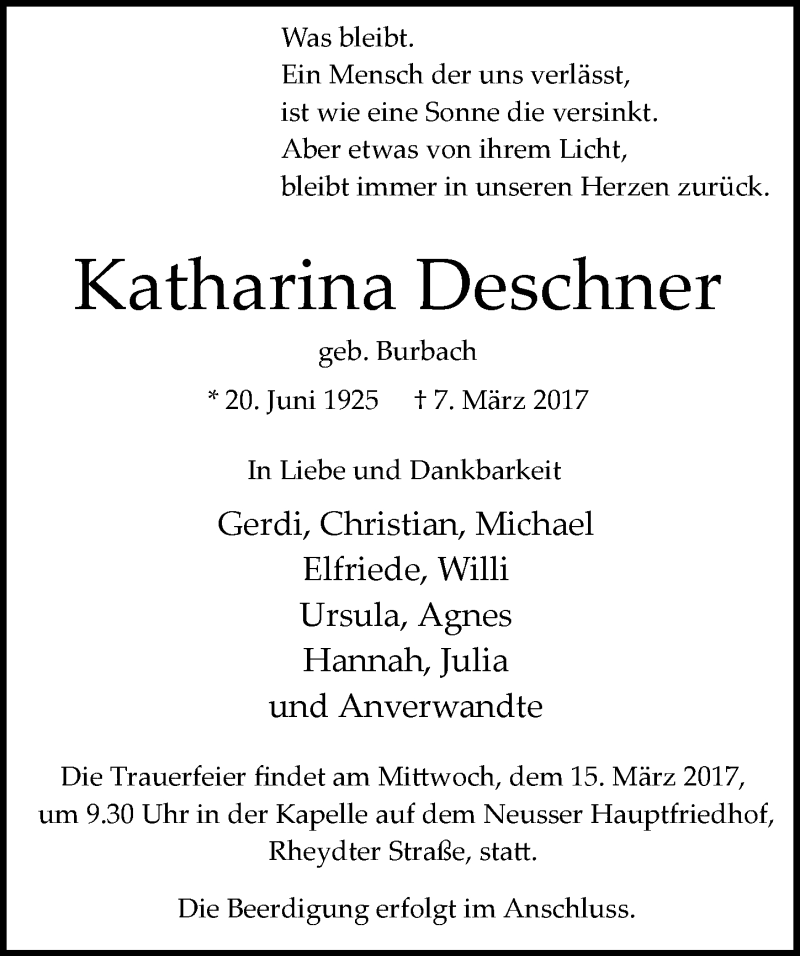  Traueranzeige für Katharina Deschner vom 11.03.2017 aus Rheinische Post