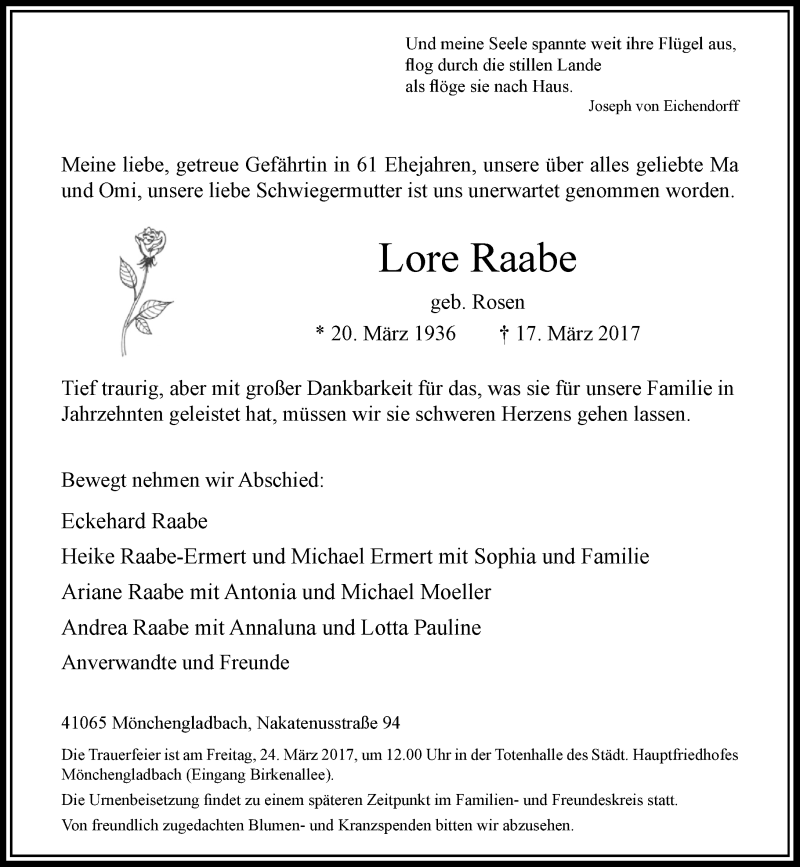  Traueranzeige für Lore Raabe vom 22.03.2017 aus Rheinische Post