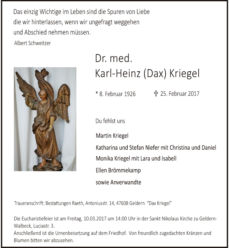  Traueranzeige für Karl-Heinz Kriegel vom 04.03.2017 aus Rheinische Post