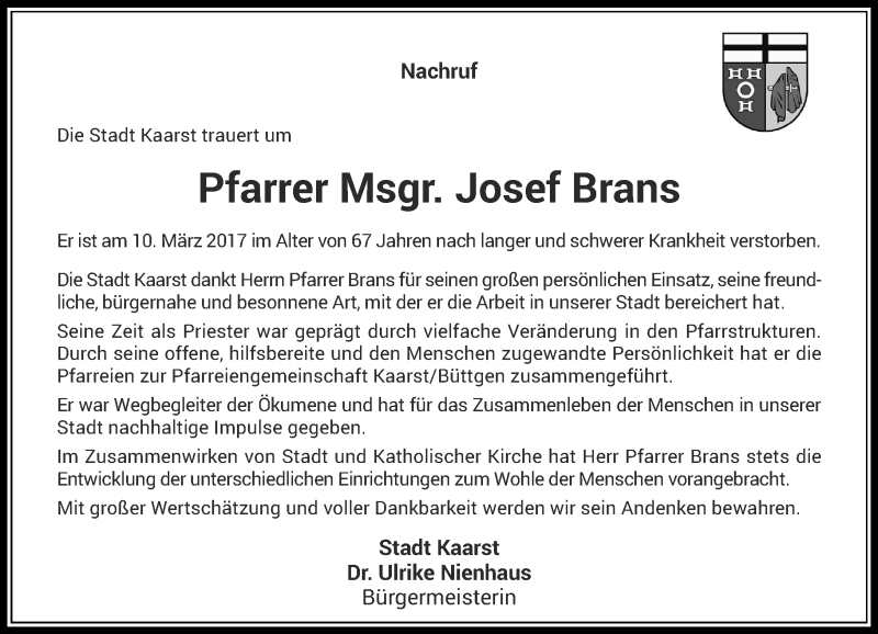  Traueranzeige für Josef Brans vom 15.03.2017 aus Rheinische Post