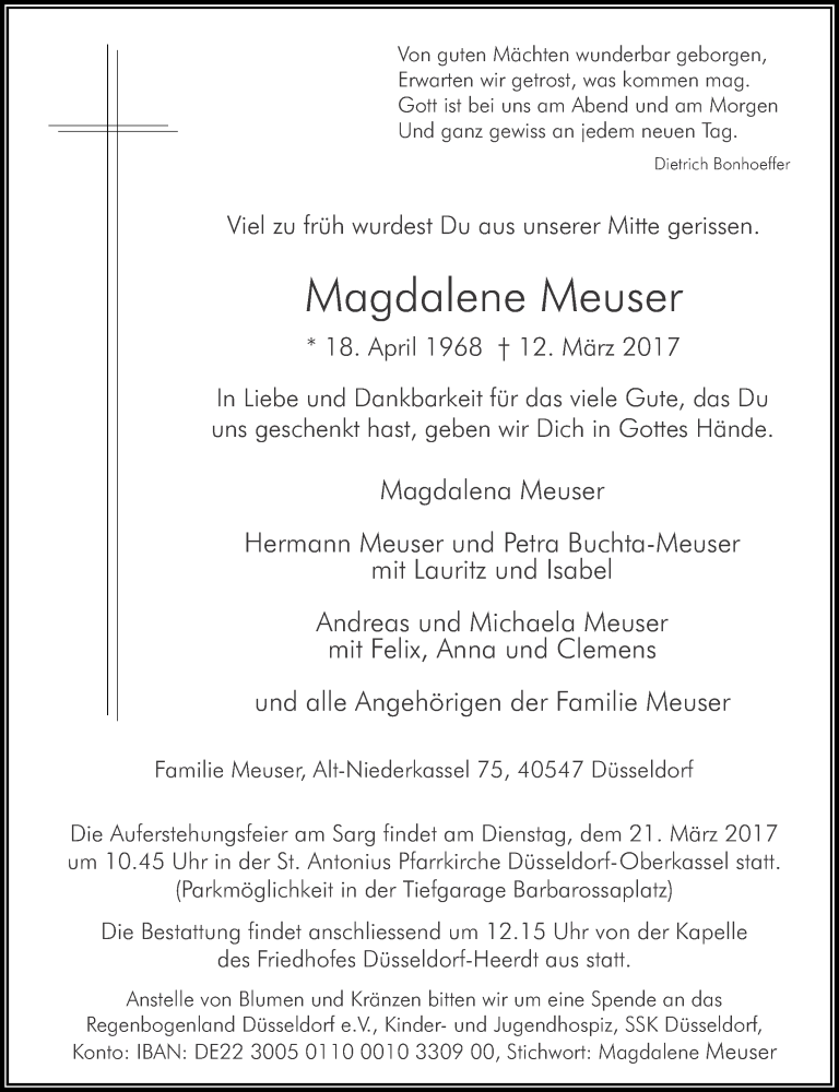  Traueranzeige für Magdalene Meuser vom 15.03.2017 aus Rheinische Post
