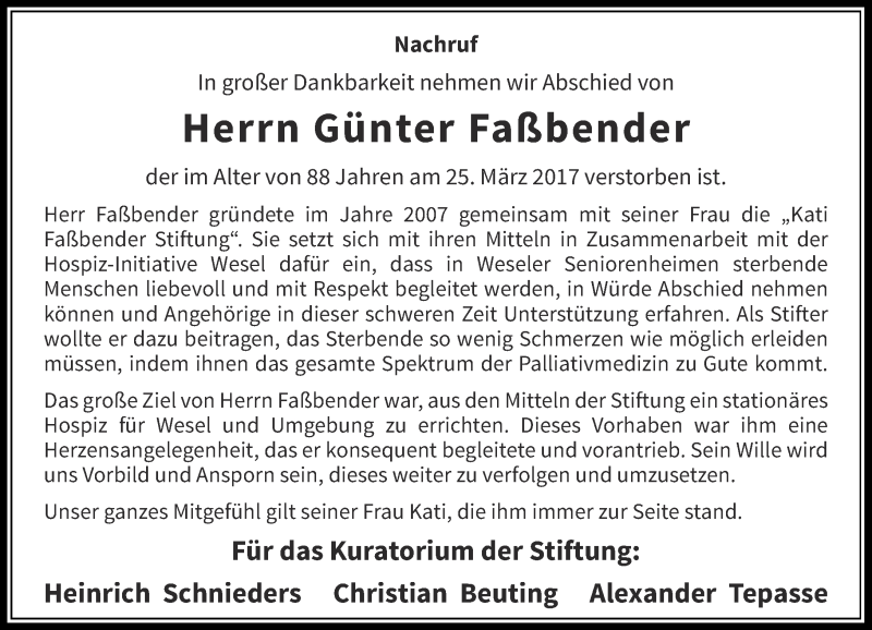  Traueranzeige für Günter Faßbender vom 29.03.2017 aus Rheinische Post