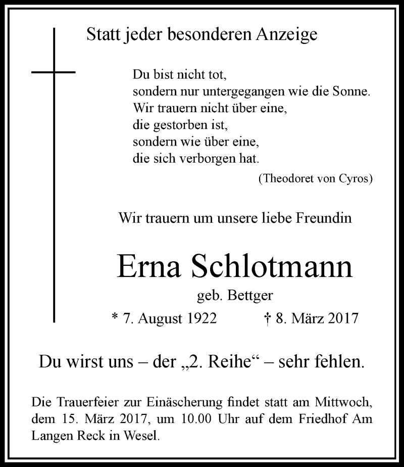 Alle Traueranzeigen für Erna Schlotmann trauer rp online de