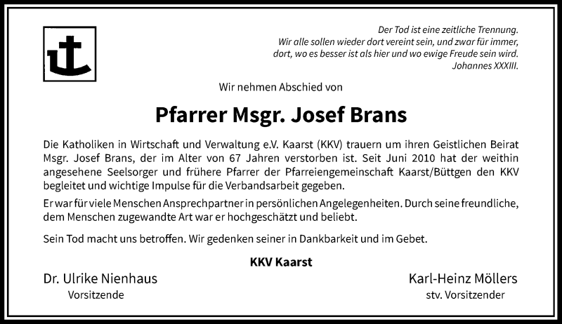  Traueranzeige für Josef Brans vom 15.03.2017 aus Rheinische Post
