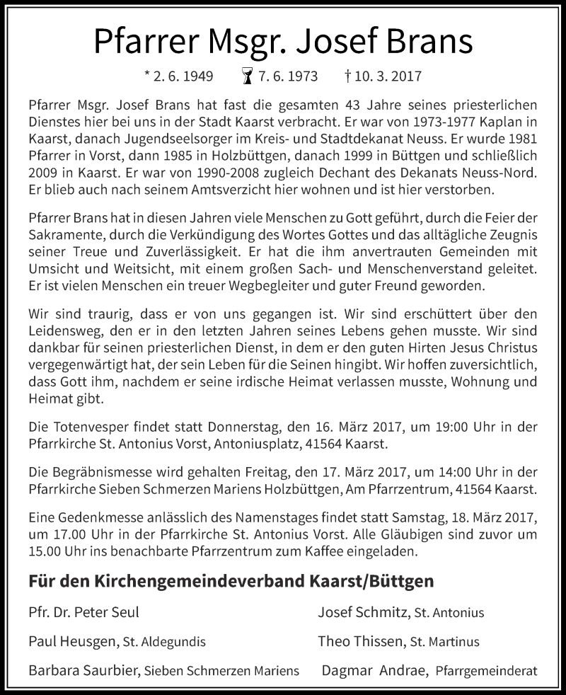 Traueranzeige für Josef Brans vom 14.03.2017 aus Rheinische Post
