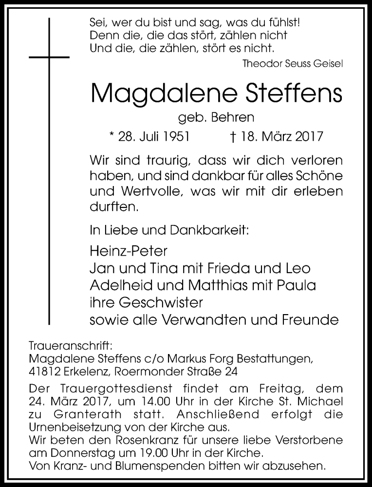  Traueranzeige für Magdalene Steffens vom 22.03.2017 aus Rheinische Post