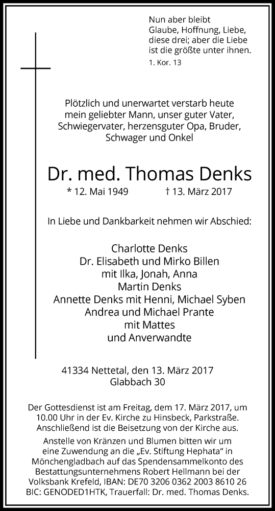  Traueranzeige für Thomas Denks vom 15.03.2017 aus Rheinische Post