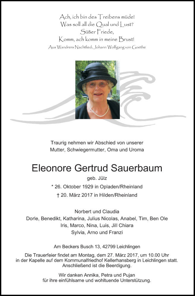 Alle Traueranzeigen für Eleonore Gertrud Sauerbaum trauer rp online de