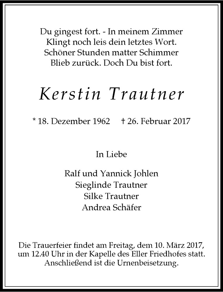 Traueranzeige für Kerstin Trautner vom 04.03.2017 aus Rheinische Post