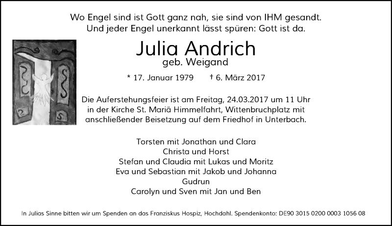  Traueranzeige für Julia Andrich vom 11.03.2017 aus Rheinische Post