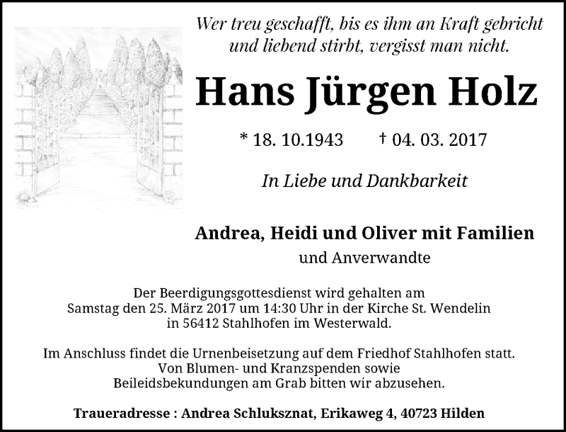  Traueranzeige für Hans Jürgen Holz vom 11.03.2017 aus Rheinische Post
