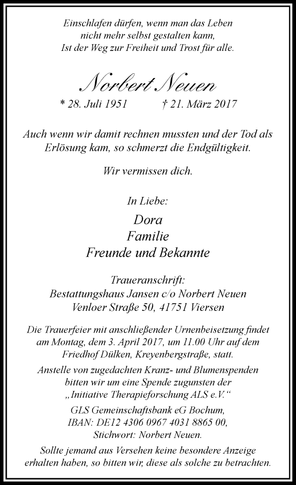  Traueranzeige für Norbert Neuen vom 25.03.2017 aus Rheinische Post