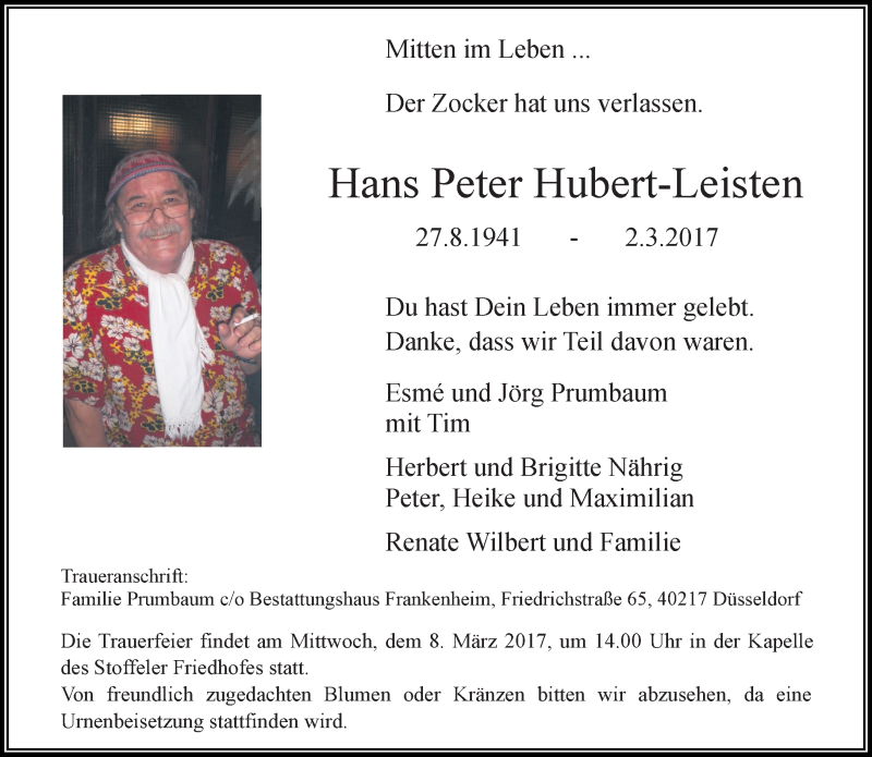  Traueranzeige für Hans Peter Hubert-Leisten vom 06.03.2017 aus Rheinische Post