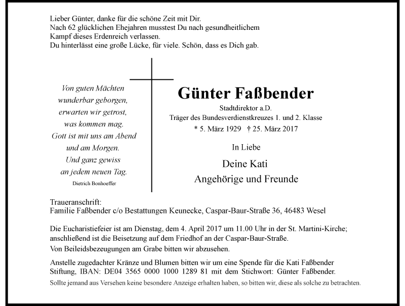  Traueranzeige für Günter Faßbender vom 28.03.2017 aus Rheinische Post