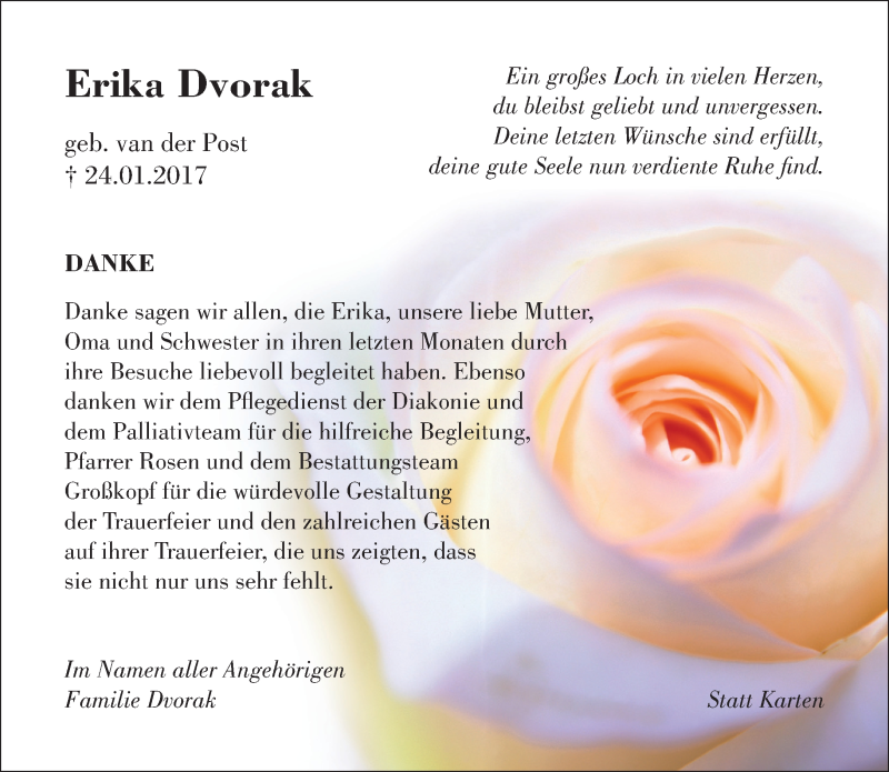  Traueranzeige für Erika Dvorak vom 11.03.2017 aus Rheinische Post