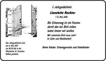 Traueranzeige von Lieselotte Recktor von Rheinische Post