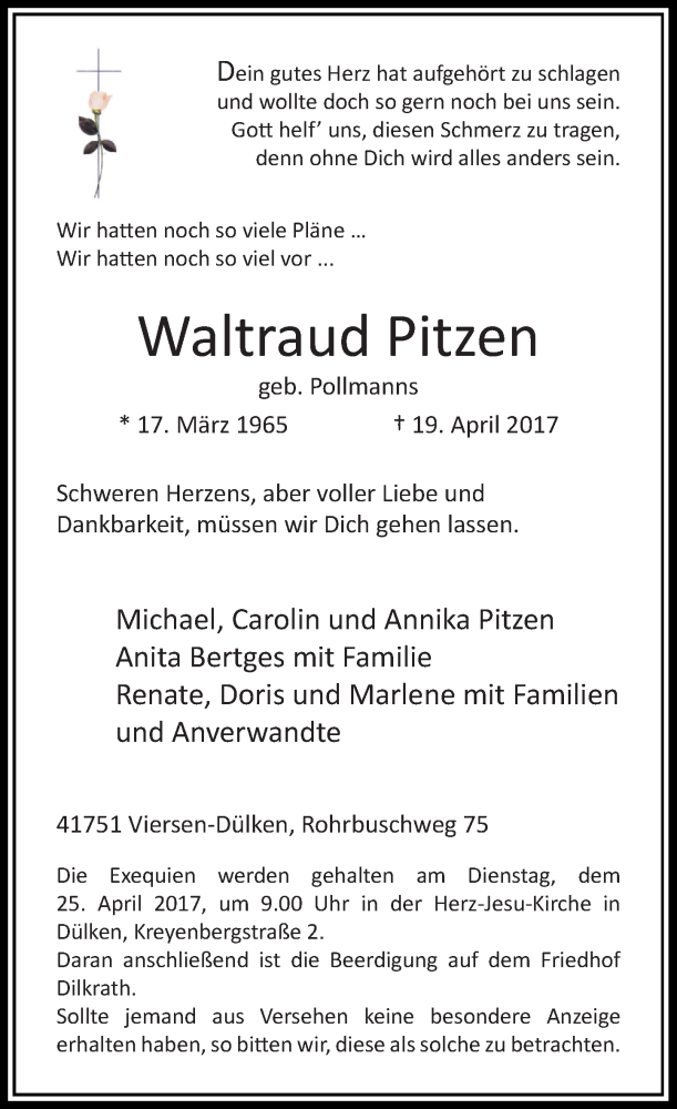  Traueranzeige für Waltraud Pitzen vom 22.04.2017 aus Rheinische Post
