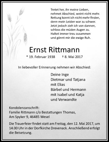 Traueranzeige von Ernst Rittmann von Rheinische Post