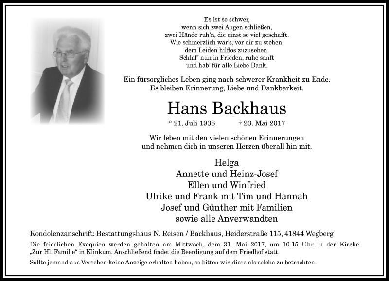 Alle Traueranzeigen F R Hans Backhaus Trauer Rp Online De