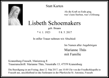 Traueranzeige von Lisbeth Schoemakers von Rheinische Post
